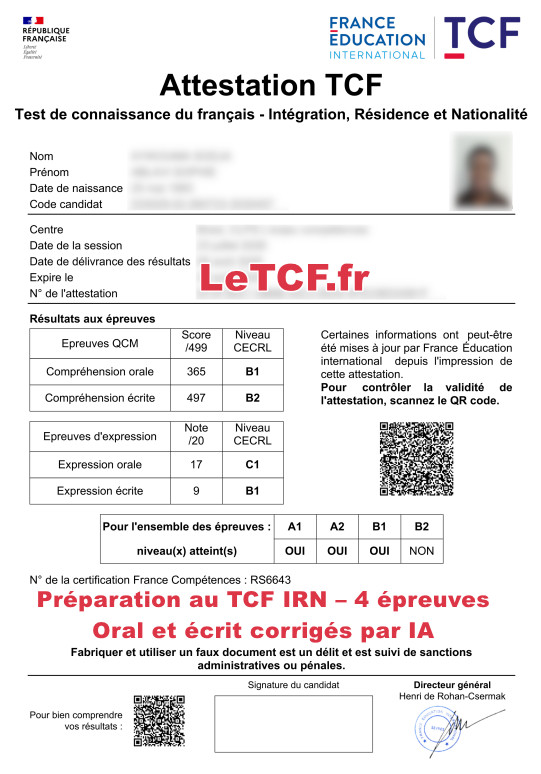 Exemple d’attestation TCF IRN